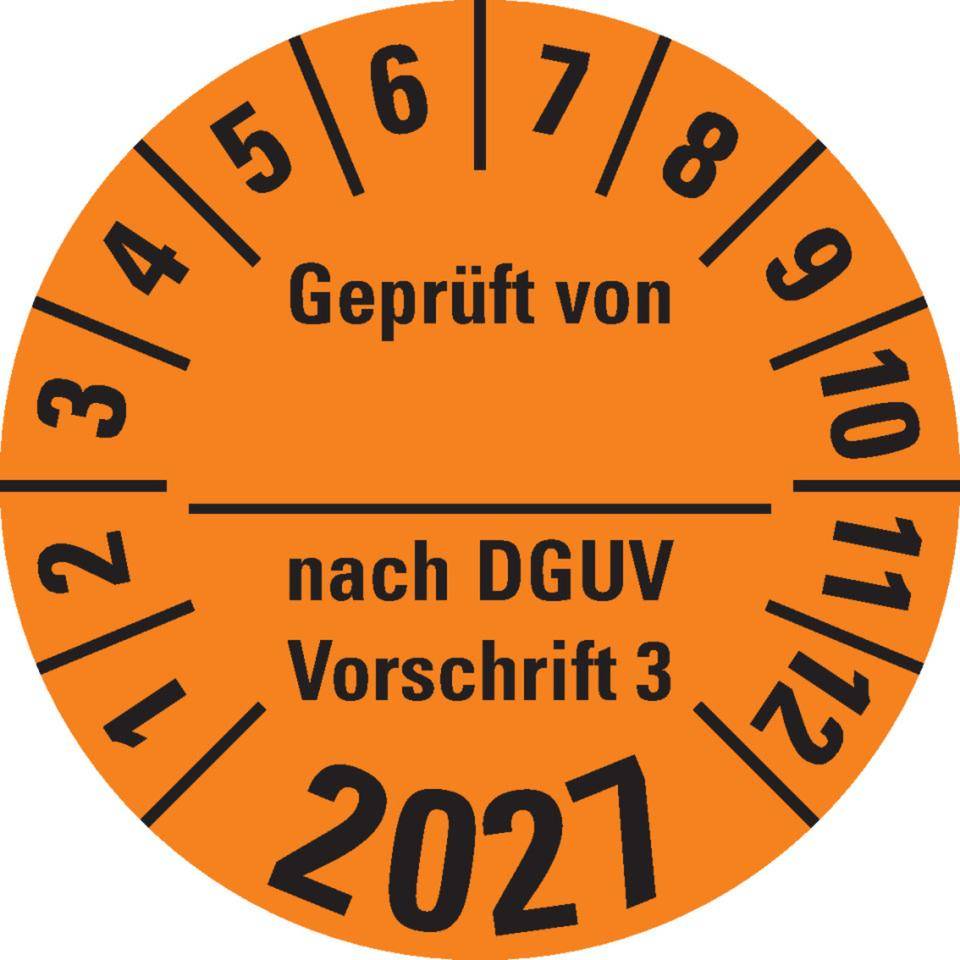 Prüfplakette Geprüft von nach DGUV 3, 2027, orange, Dokumentenfolie, Ø 30mm, 18/Bogen