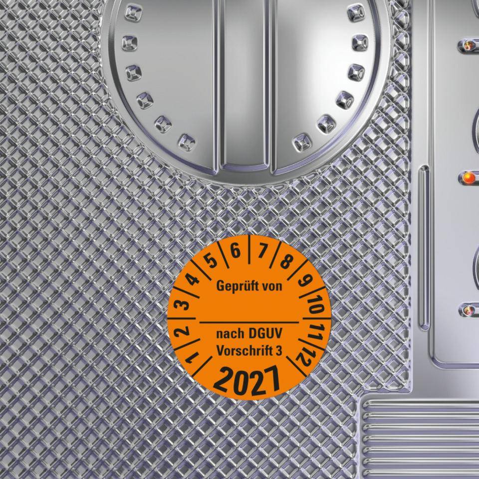 Prüfplakette Geprüft von nach DGUV 3, 2027, orange, Dokumentenfolie, Ø 30mm, 18/Bogen