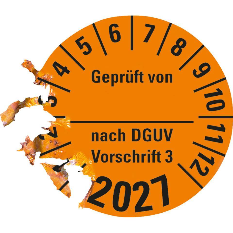 Prüfplakette Geprüft von nach DGUV 3, 2027, orange, Dokumentenfolie, Ø 30mm, 18/Bogen