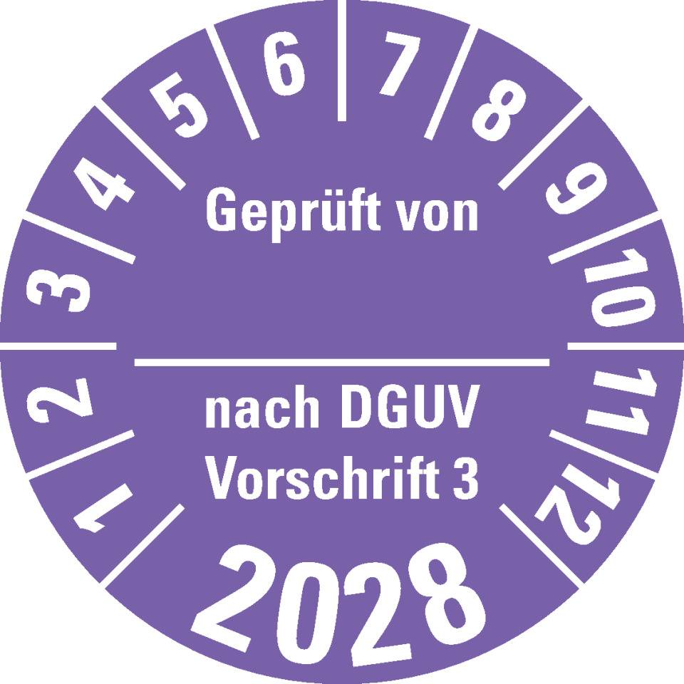 Prüfplakette Geprüft von nach DGUV 3, 2028, violett, Dokumentenfolie, Ø 30mm, 18/Bogen