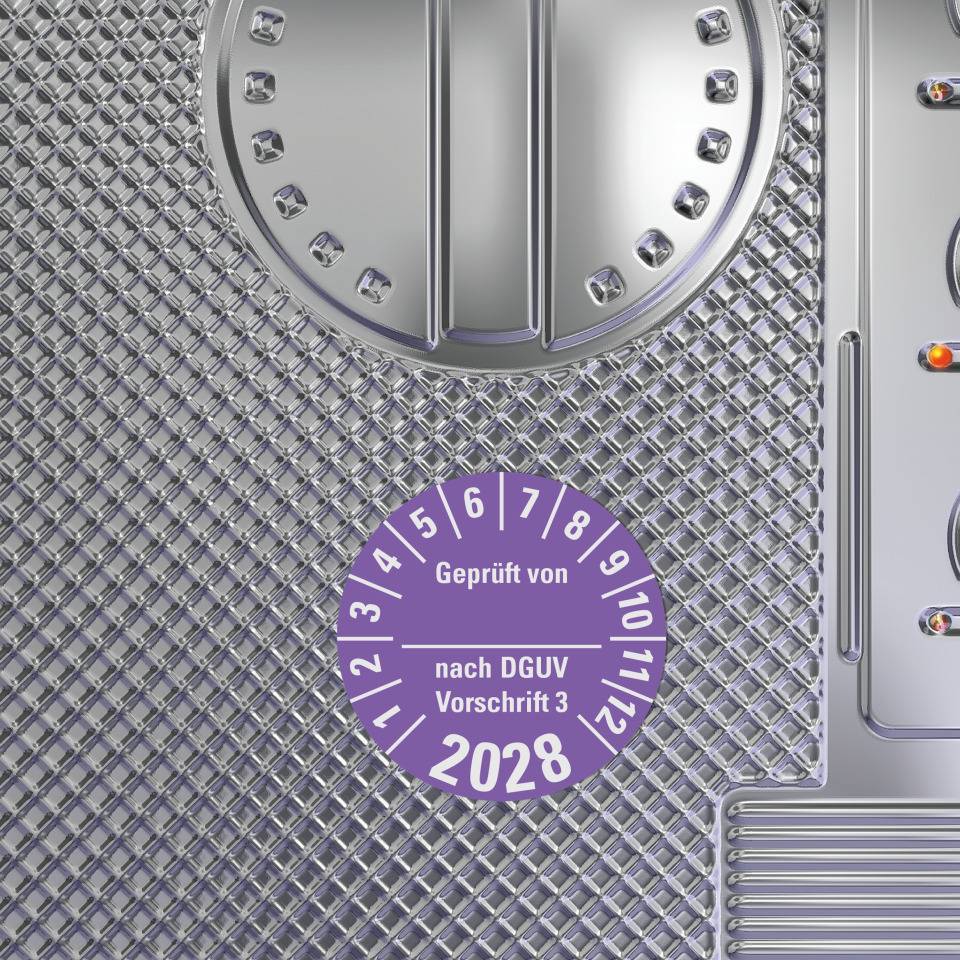 Prüfplakette Geprüft von nach DGUV 3, 2028, violett, Dokumentenfolie, Ø 30mm, 18/Bogen