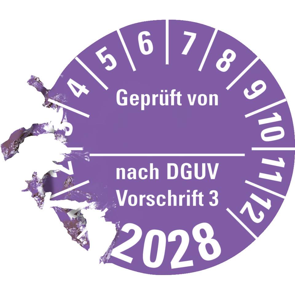 Prüfplakette Geprüft von nach DGUV 3, 2028, violett, Dokumentenfolie, Ø 30mm, 18/Bogen