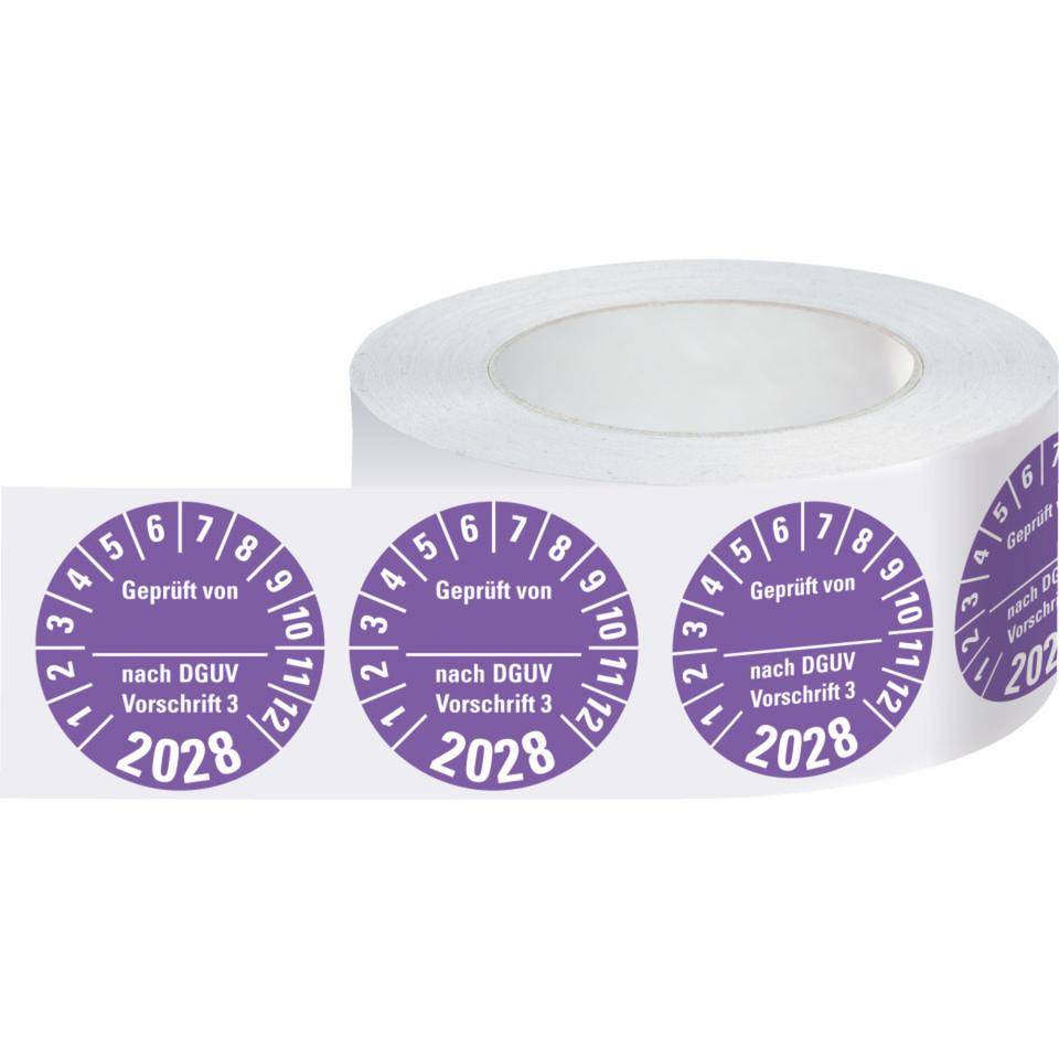 Prüfplakette Geprüft von nach DGUV 3, 2028, violett, Dokumentenfolie, Ø 30mm, 500/Rolle