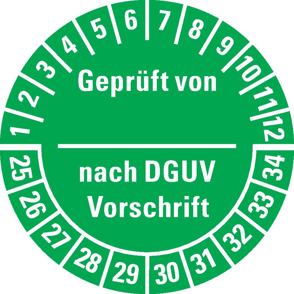 Prüfplakette Geprüft-DGUV Vorschrift, 25-34, grün, Dokumentenfolie, Ø 30mm, 18/Bogen