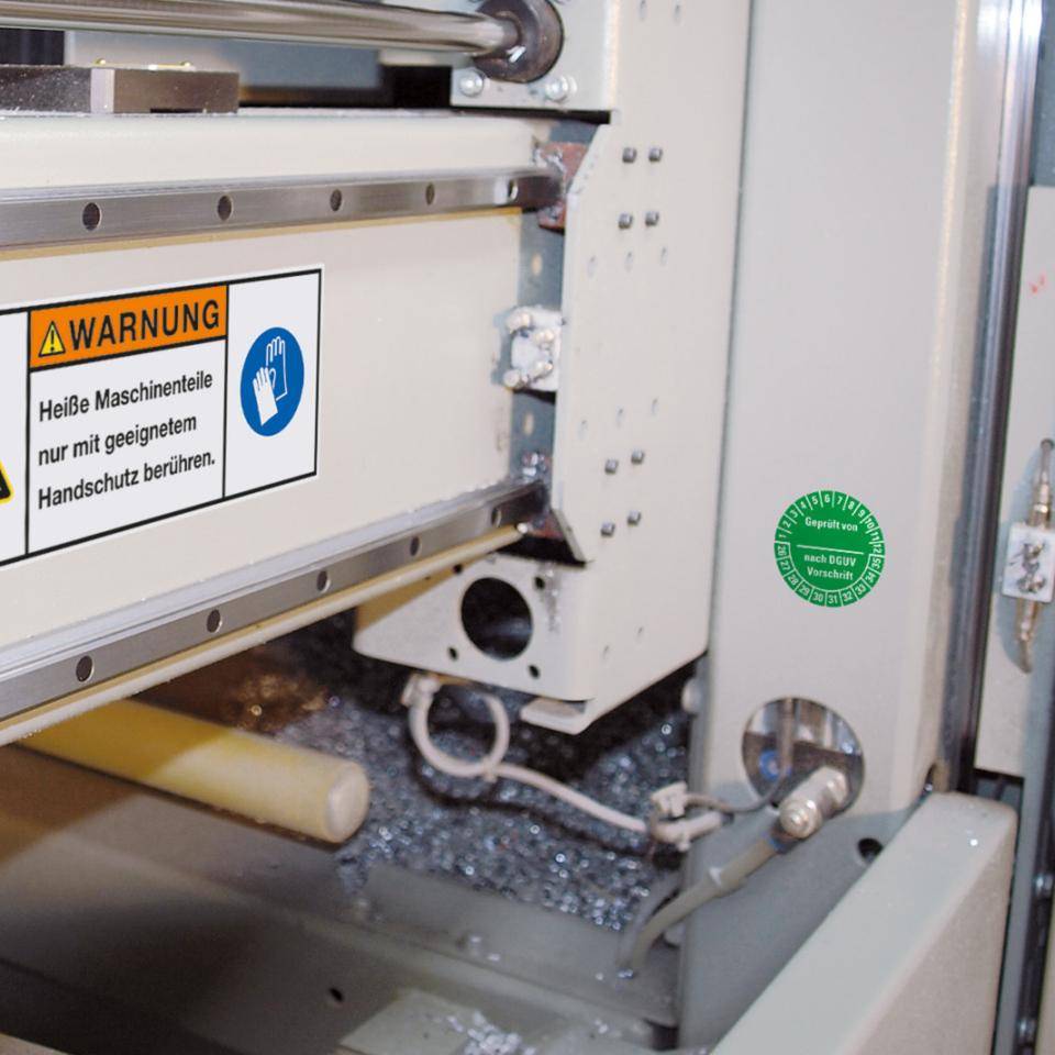 Prüfplakette Geprüft nach DGUV Vorschrift 26-35, grün, Dokumentenfolie, Ø 25mm, 21/Bogen