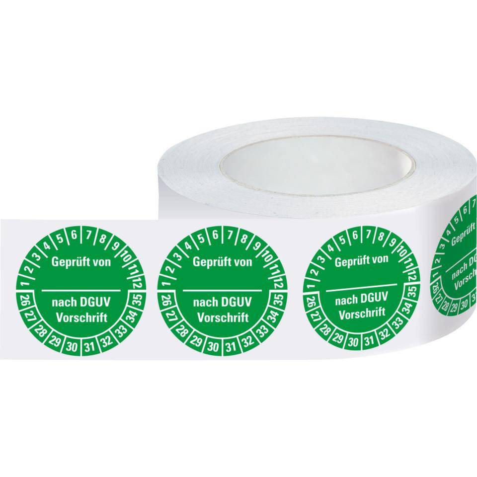 Prüfplakette Geprüft...nach DGUV Vorschrift 26-35, grün, Dokumentenfolie, Ø 25mm, 500/Rolle