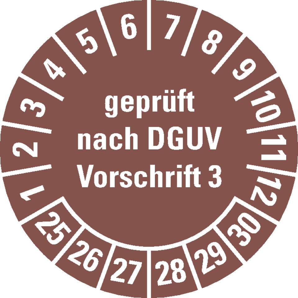 Prüfplakette geprüft nach DGUV Vorschrift 3, 25-30, braun, Folie, ablösbar, Ø 20mm, 36/Bogen