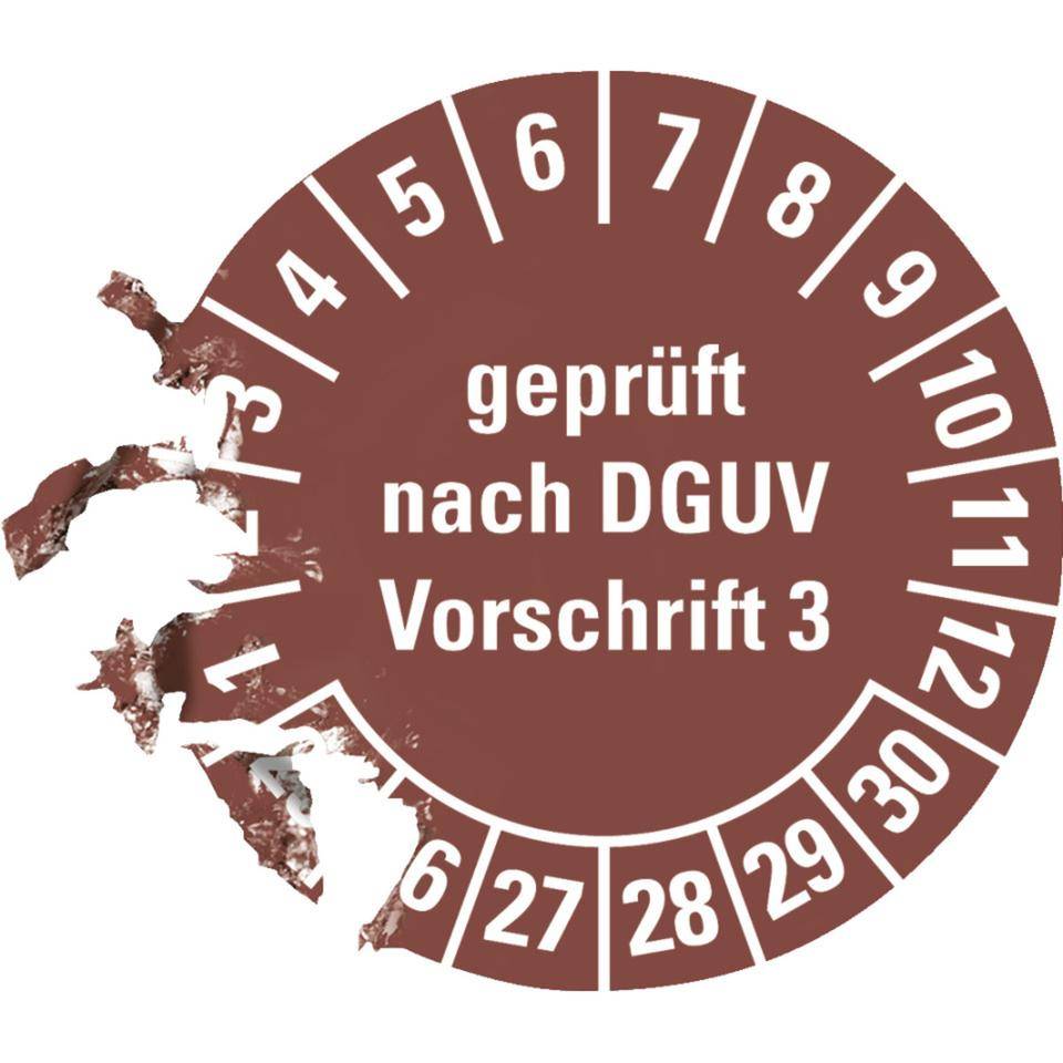 Prüfplakette geprüft nach DGUV Vorschrift 3 25-30,braun,Dokumentenfolie,Ø15mm,1000/Rolle