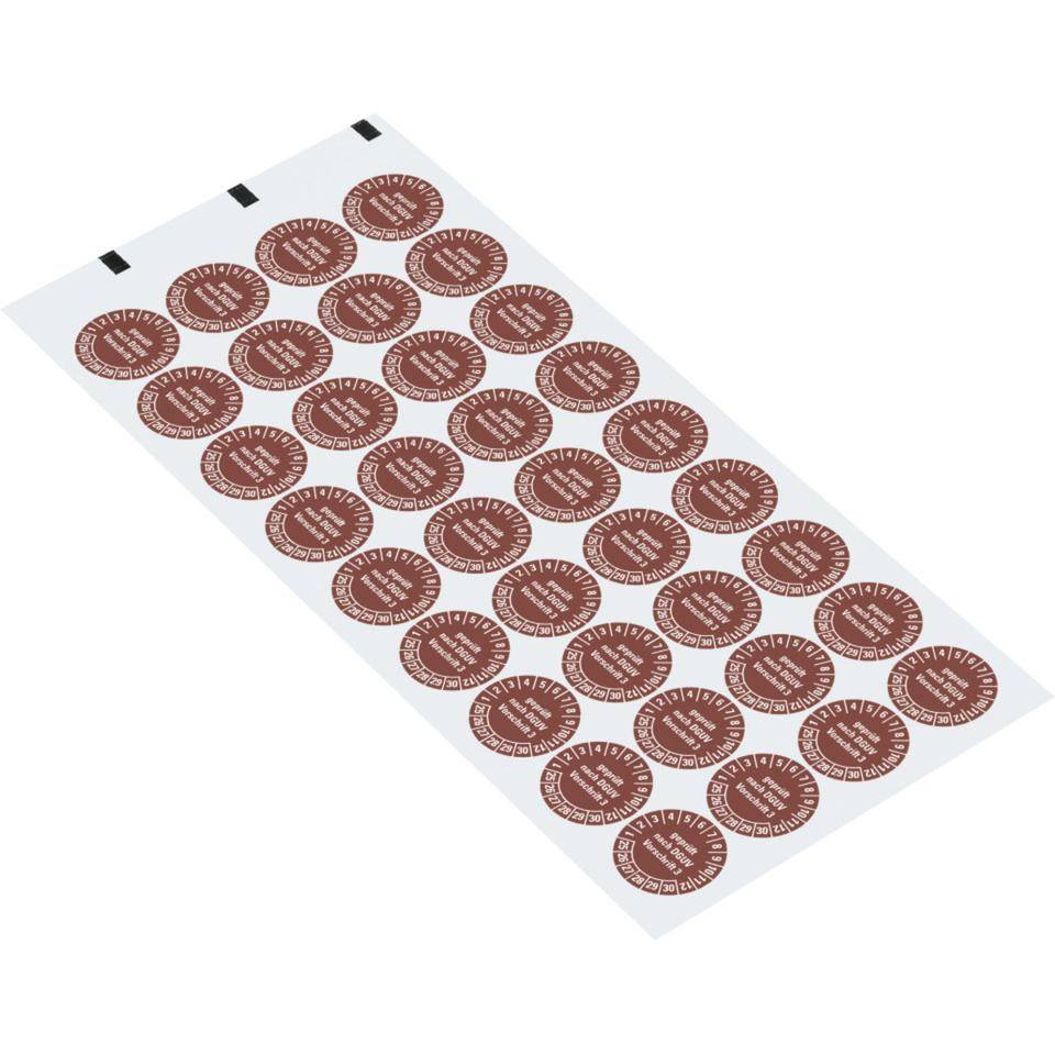 Prüfplakette geprüft nach DGUV Vorschrift 3, 25-30, braun, Folie, ablösbar, Ø 20mm, 36/Bogen