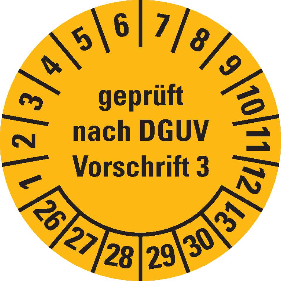 Prüfplakette geprüft nach DGUV Vorschrift 3, 26-31, gelb, Folie, ablösbar, Ø 20mm, 36/Bogen