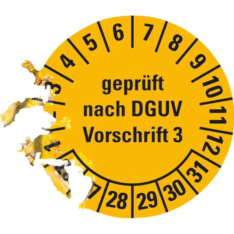 Prüfplakette geprüft nach DGUV Vorschrift 3 26-31, gelb, Dokumentenfolie, Ø20mm, 180/H