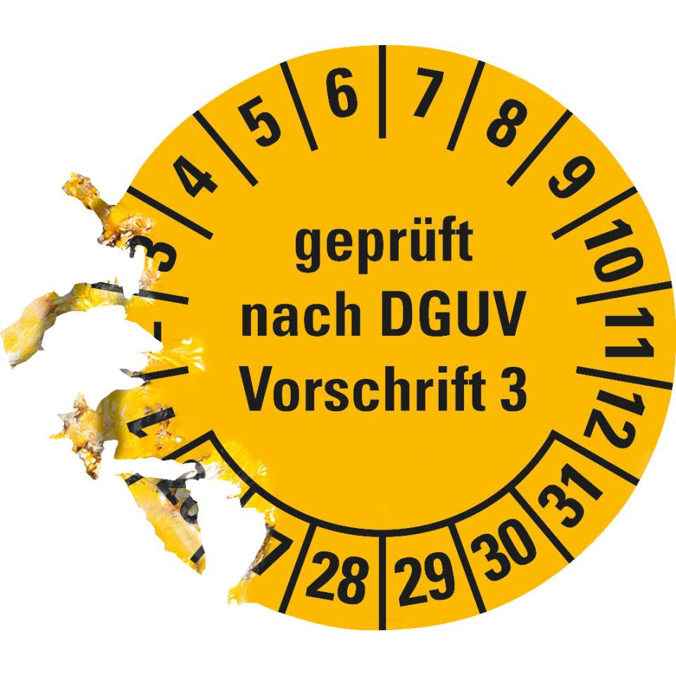Prüfplakette geprüft nach DGUV Vorschrift 3 26-31, gelb, Dokumentenfolie, Ø20mm, 500/Rolle