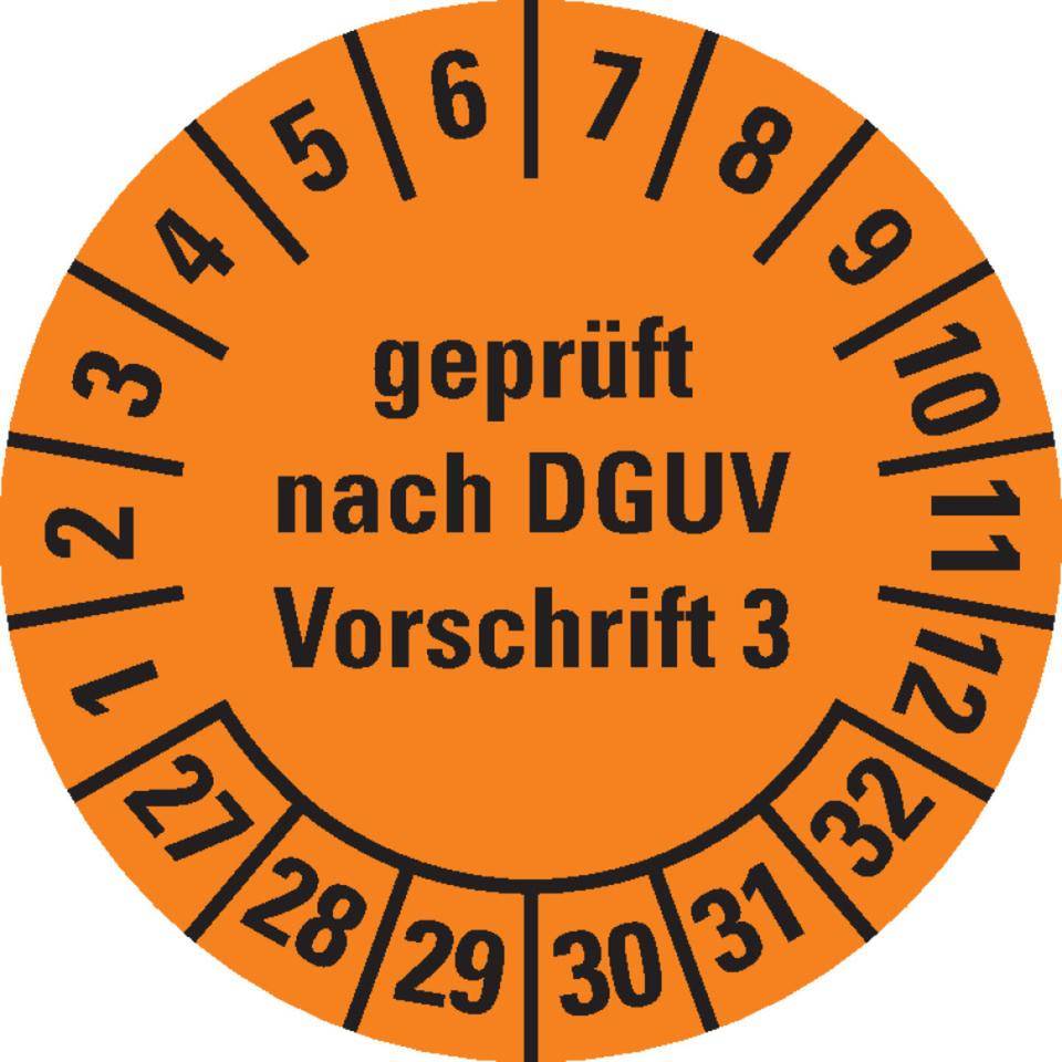 Prüfplakette geprüft nach DGUV Vorschrift 3 27-32, orange, Dokumentenfolie, Ø15mm, 1000/Rolle