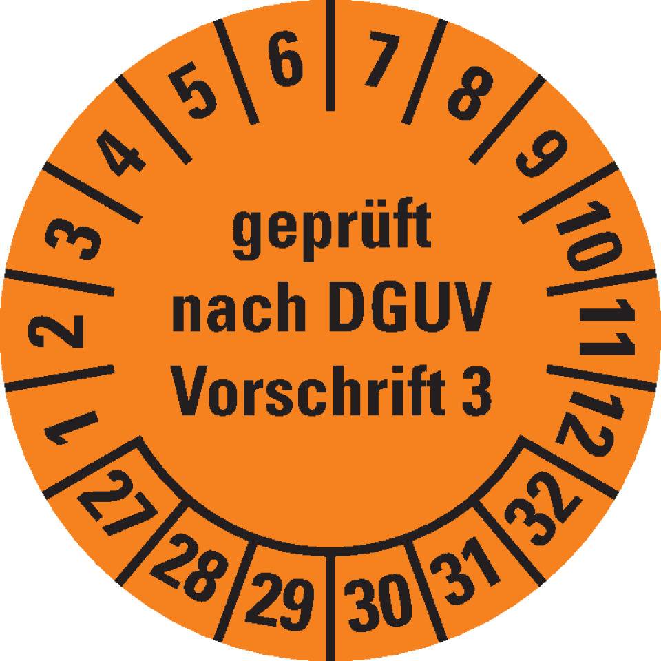 Prüfplakette geprüft nach DGUV Vorschrift 3, 27-32, orange, Folie, ablösbar, Ø 20mm, 36/Bogen