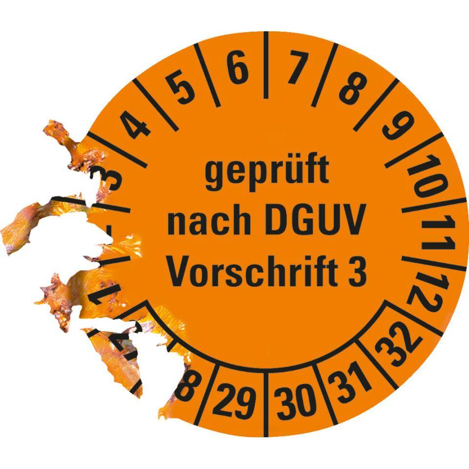Prüfplakette geprüft nach DGUV Vorschrift 3 27-32, orange, Dokumentenfolie, Ø15mm, 1000/Rolle