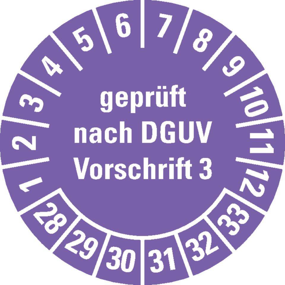 Prüfplakette Geprüft nach DGUV Vorschrift 3, 28-33, violett, Folie, ablösbar, Ø 20mm, 36/Bogen