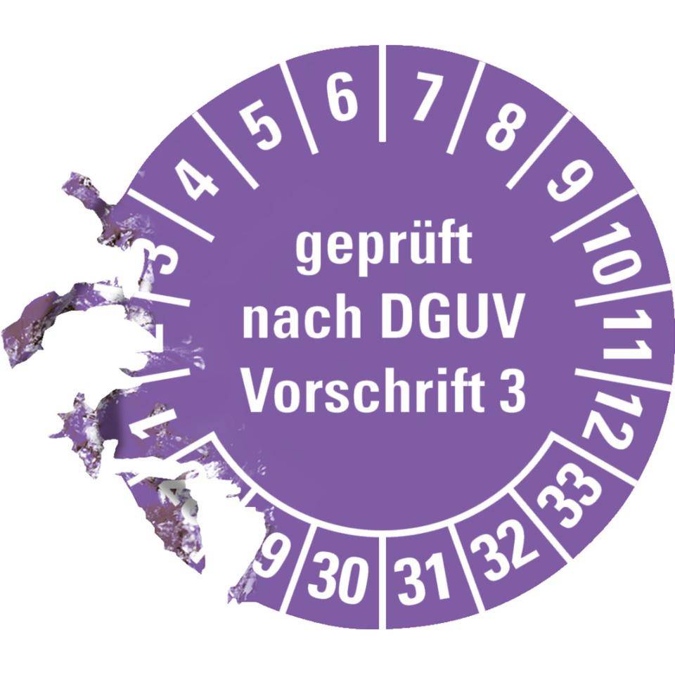 Prüfplakette Geprüft nach DGUV Vorschrift 3 28-33, violett, Dokumentenfolie, Ø15mm, 1000/Rolle