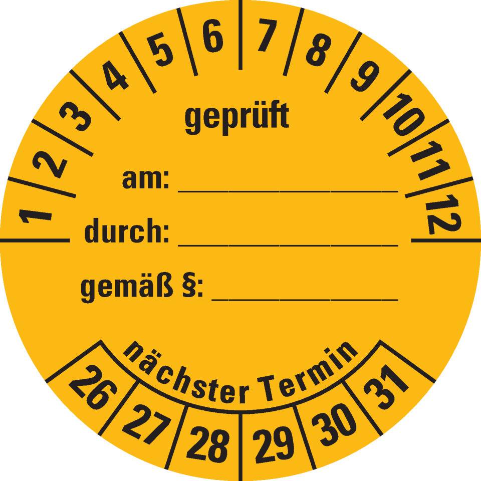Prüfplakette geprüft am: durch: ..26-31, gelb, Dokumentenfolie, Ø 40mm, 10/Bogen