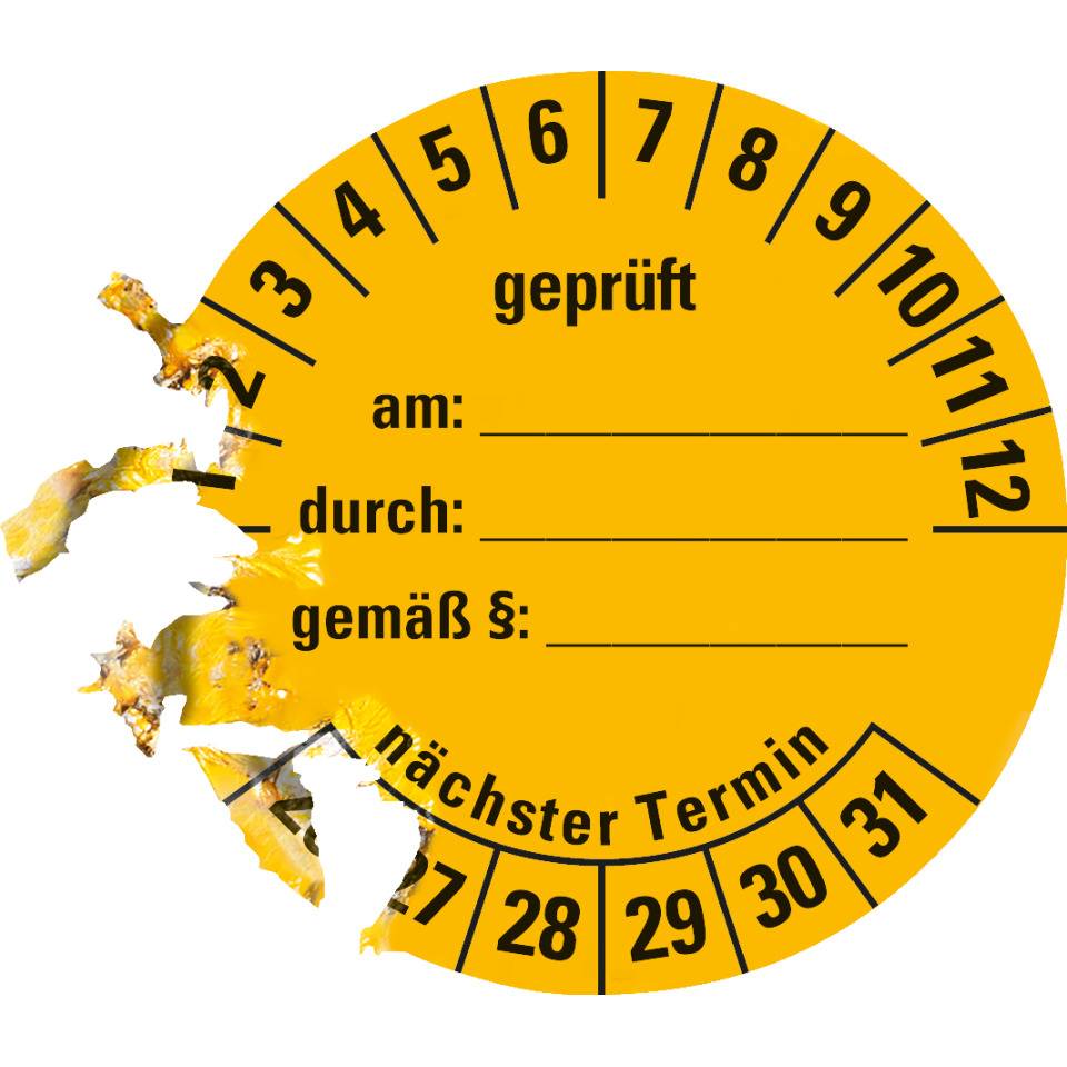 Prüfplakette geprüft am: durch: ..26-31, gelb, Dokumentenfolie, Ø 40mm, 10/Bogen