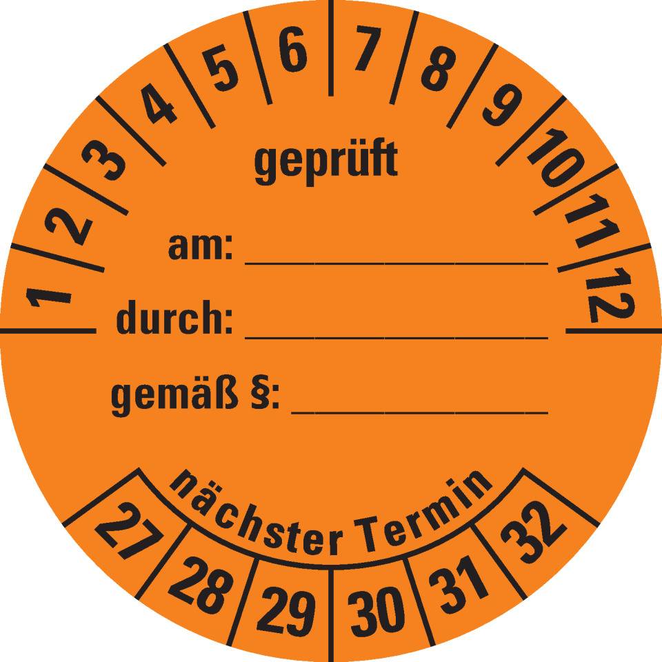Prüfplakette geprüft am: durch: ..27-32, orange, Dokumentenfolie, Ø 40mm, 10/Bogen