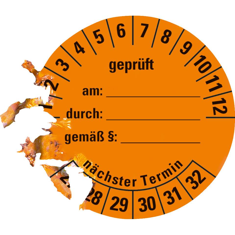 Prüfplakette geprüft am: durch: ..27-32, orange, Dokumentenfolie, Ø 40mm, 10/Bogen