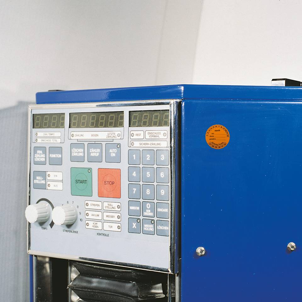 Prüfplakette geprüft am: durch: ..27-32, orange, Dokumentenfolie, Ø 40mm, 10/Bogen