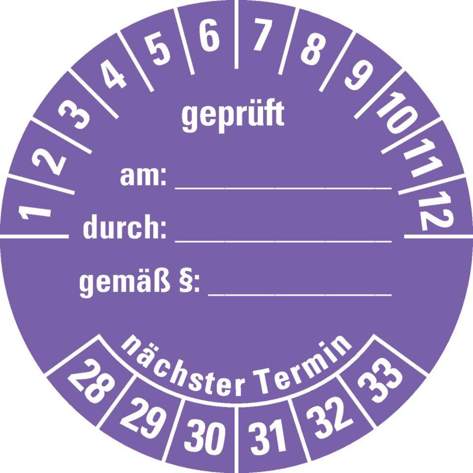 Prüfplakette geprüft am: durch: ..28-33, violett, Dokumentenfolie, Ø 40mm, 10/Bogen