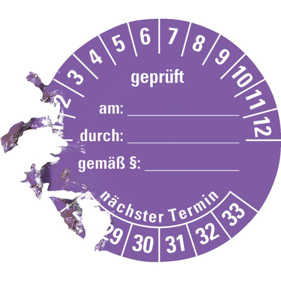 Prüfplakette geprüft am: durch: ..28-33, violett, Dokumentenfolie, Ø 40mm, 10/Bogen