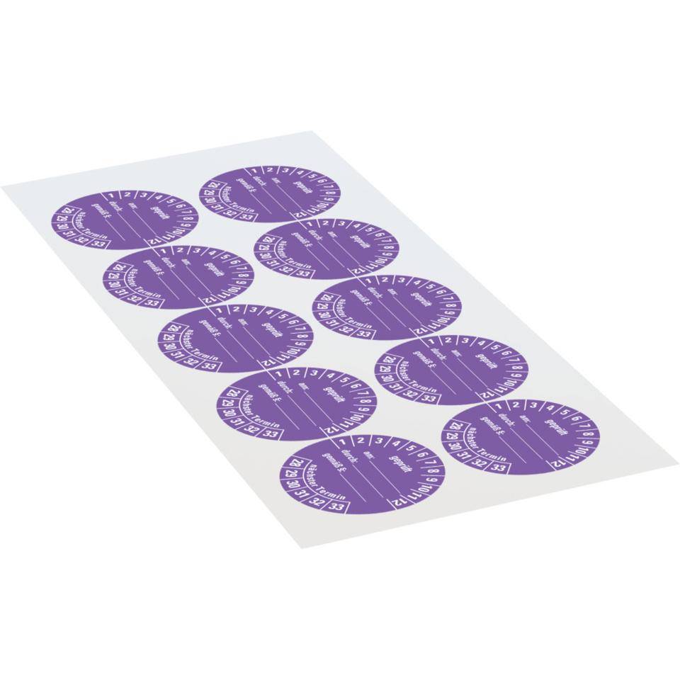 Prüfplakette geprüft am: durch: ..28-33, violett, Dokumentenfolie, Ø 40mm, 10/Bogen