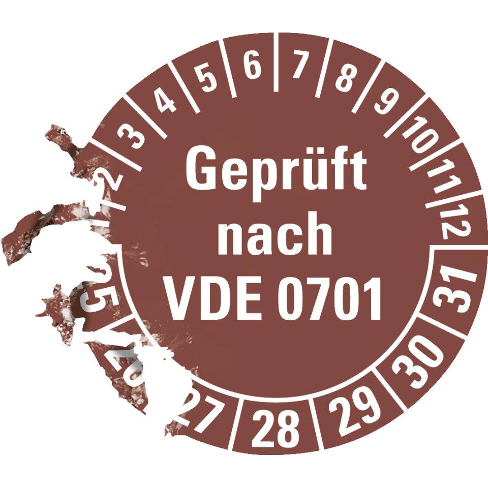 Prüfplakette geprüft nach VDE 0701,25-31,braun,Dokumentenfolie,Ø 30mm,500/Rolle