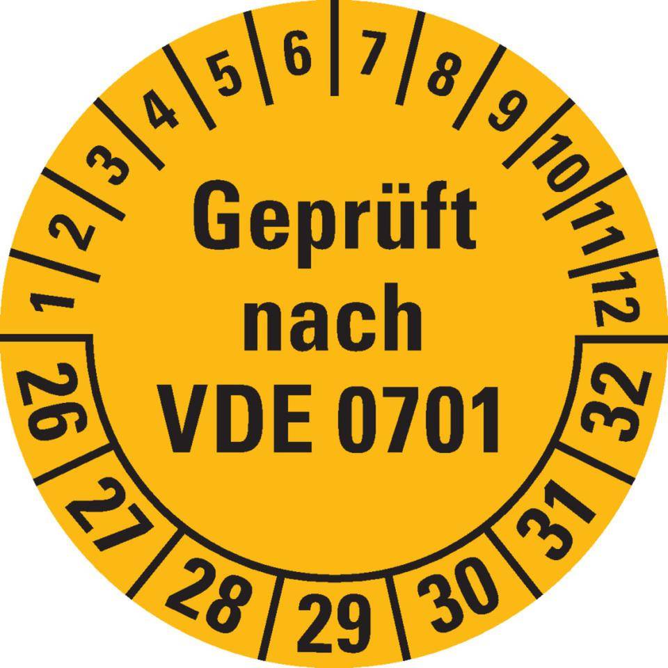 Prüfplakette geprüft nach VDE 0701,26-32,gelb,Dokumentenfolie,Ø 30mm,108/Heft