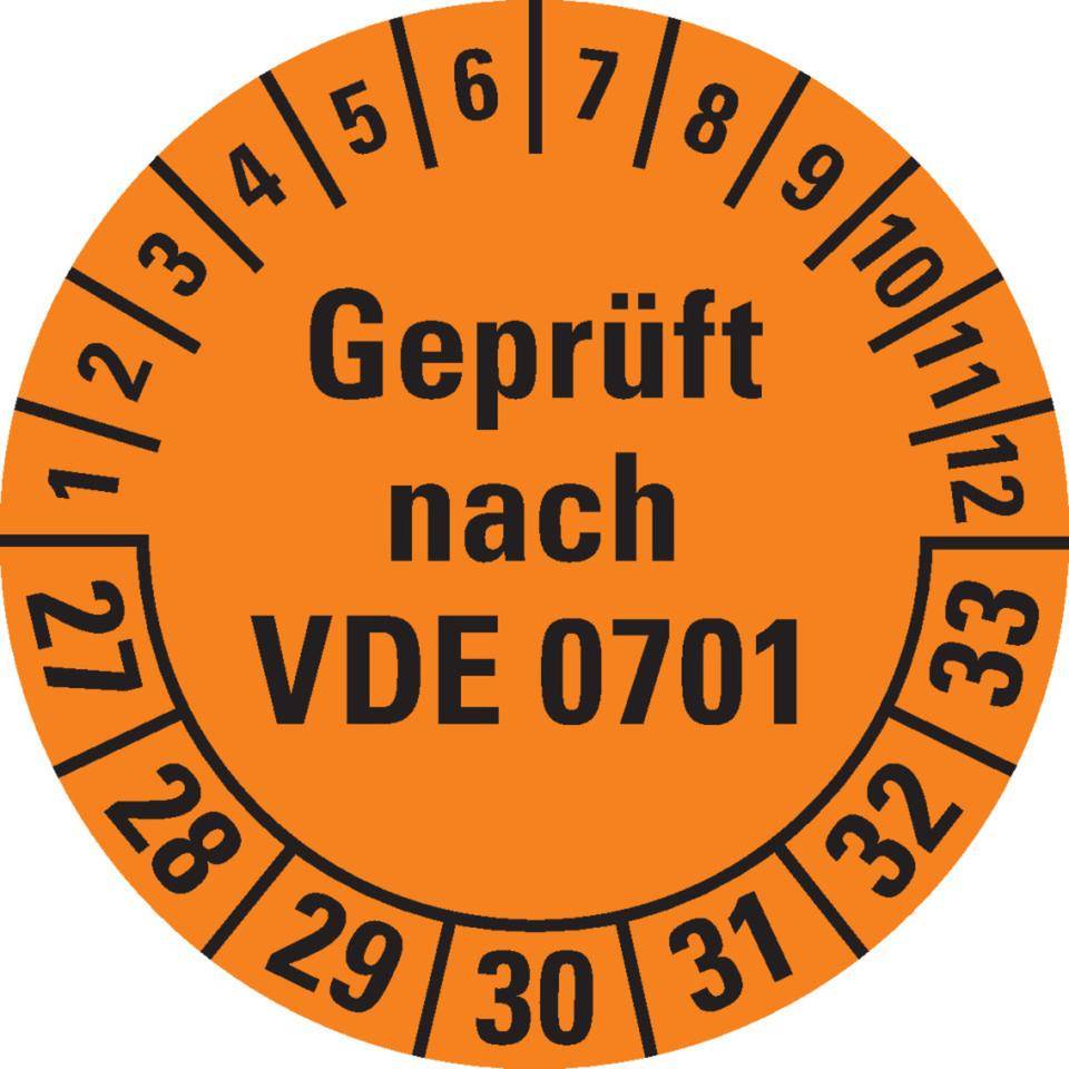 Prüfplakette geprüft nach VDE 0701, 27-33, orange, Dokumentenfolie, Ø 30mm, 500/Rolle