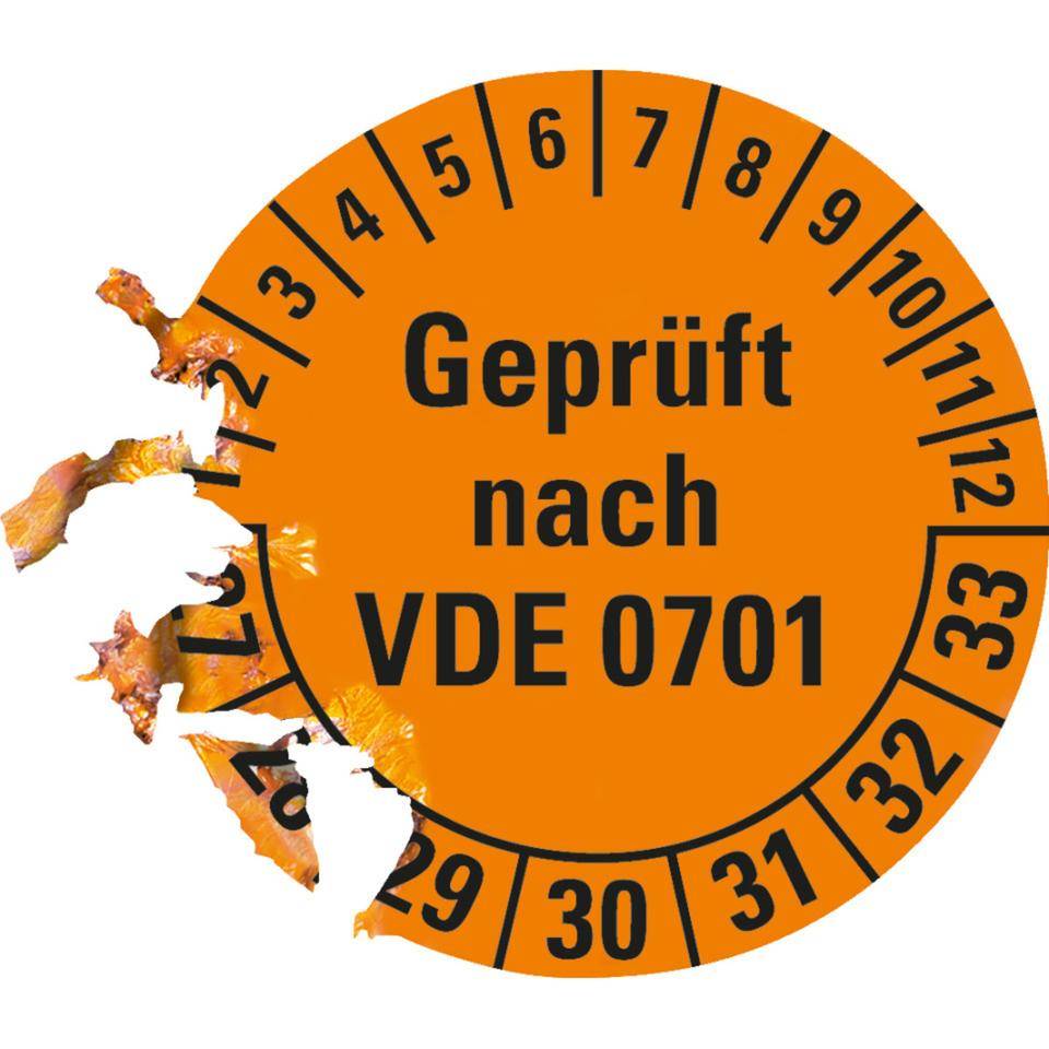Prüfplakette geprüft nach VDE 0701, 27-33, orange, Dokumentenfolie, Ø 30mm, 500/Rolle