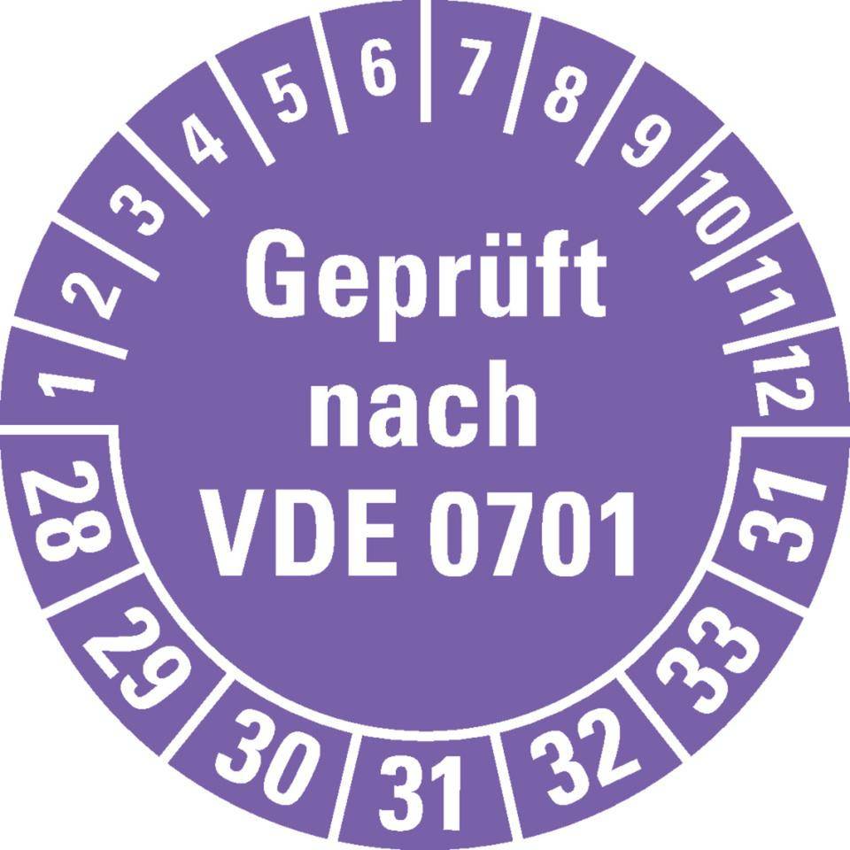 Prüfplakette Geprüft nach VDE 0701, 28-34, violett, Dokumentenfolie, Ø 30mm, 18/Bogen