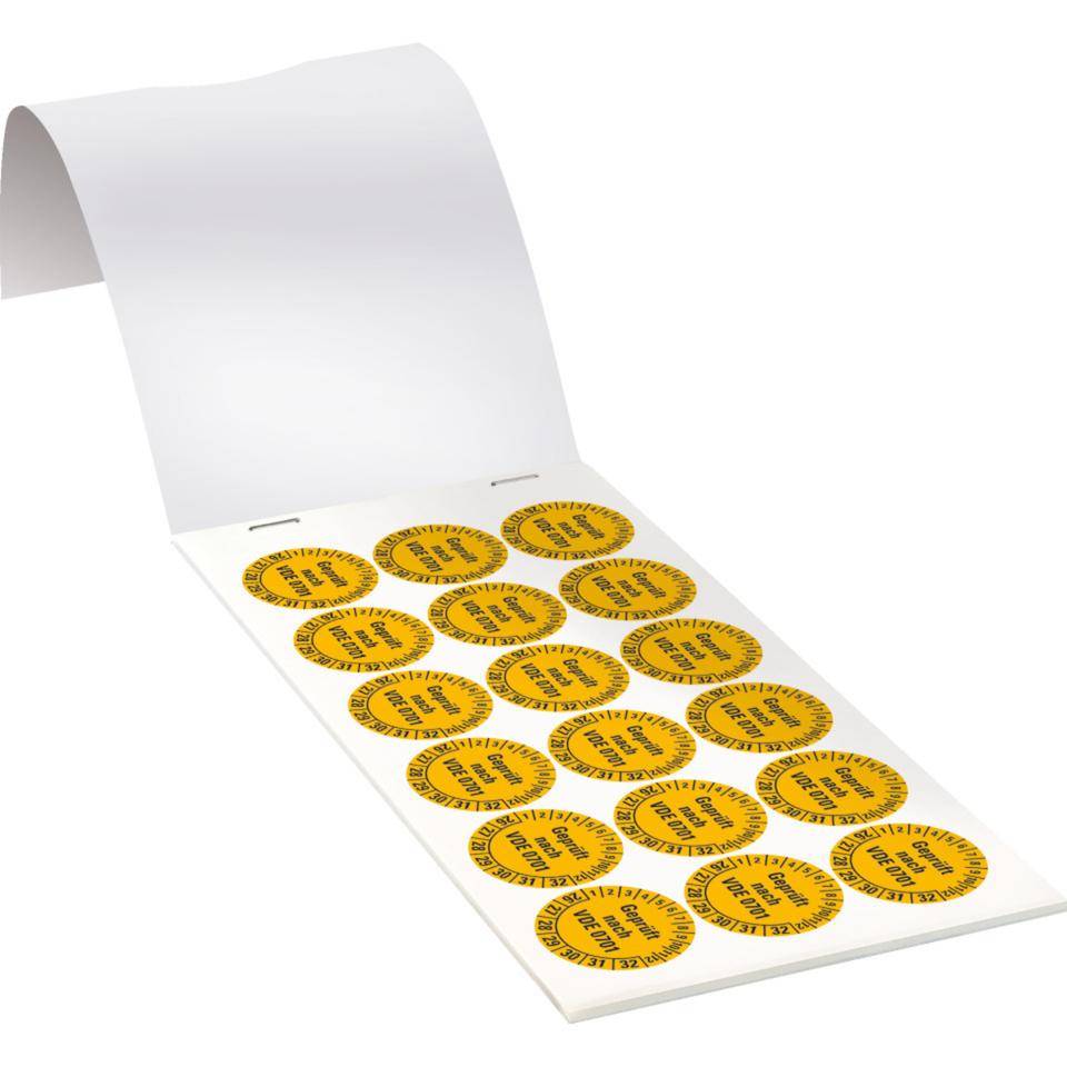 Prüfplakette geprüft nach VDE 0701,26-32,gelb,Dokumentenfolie,Ø 30mm,108/Heft
