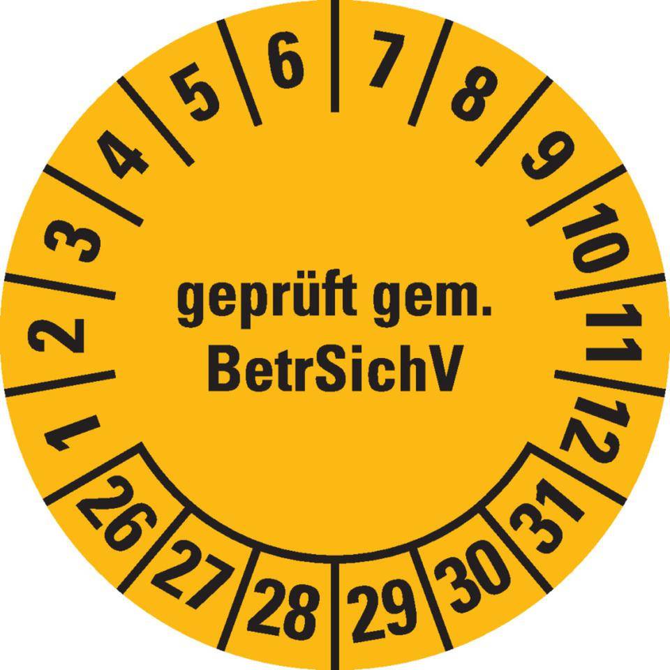 Prüfplakette BetrSichV, 26-31, gelb, Dokumentenfolie, selbstklebend, Ø 30mm, 18/Bogen