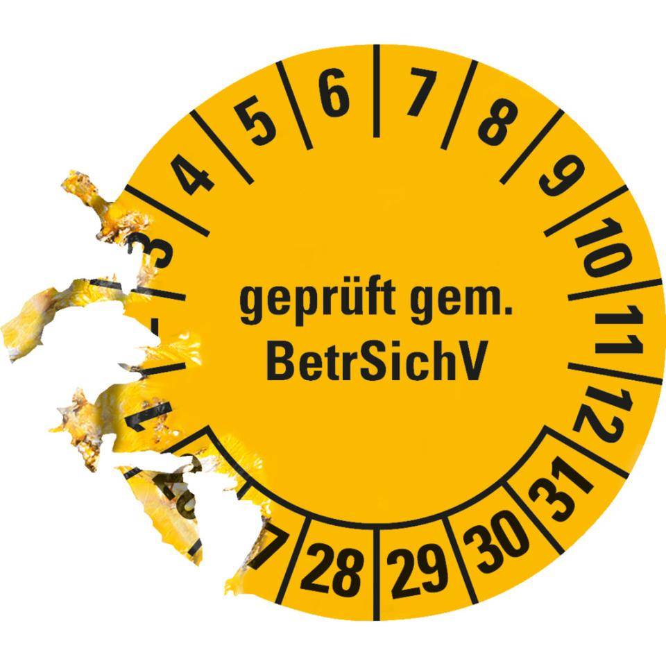 Prüfplakette BetrSichV, 26-31, gelb, Dokumentenfolie, selbstklebend, Ø 30mm, 18/Bogen