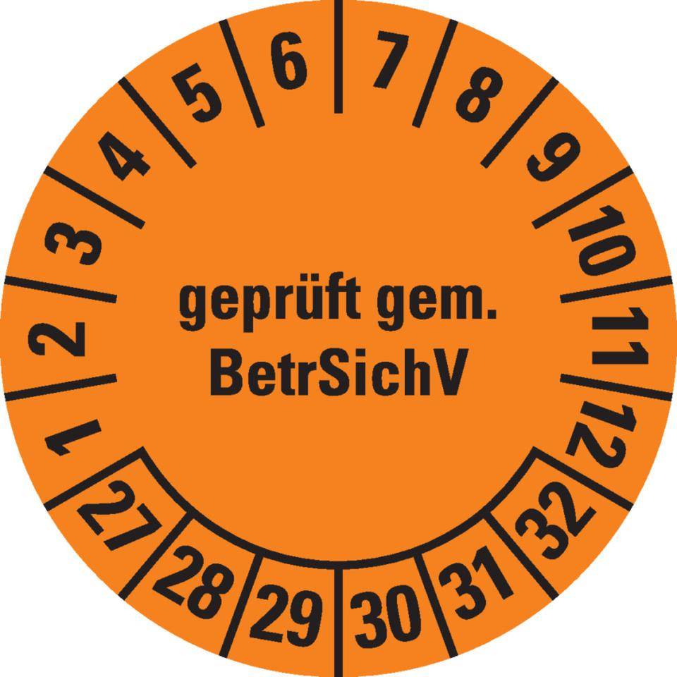Prüfplakette BetrSichV, 27-32, orange, Dokumentenfolie, selbstklebend, Ø 30mm, 18/Bogen
