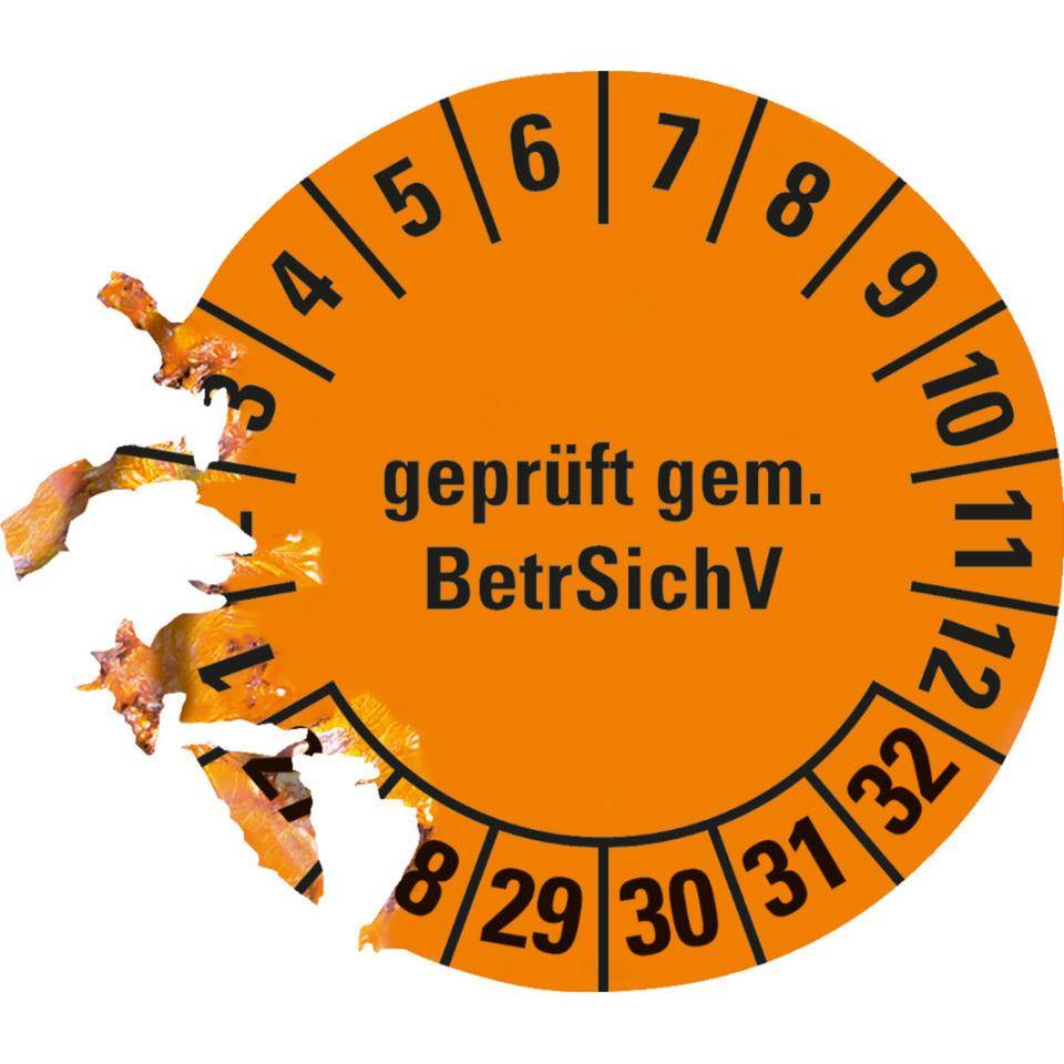 Prüfplakette BetrSichV, 27-32, orange, Dokumentenfolie, selbstklebend, Ø 30mm, 18/Bogen