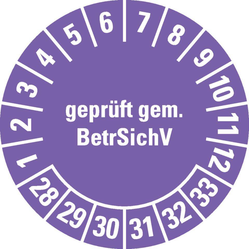 Prüfplakette BetrSichV, 28-33, violett, Dokumentenfolie, selbstklebend, Ø 30mm, 18/Bogen