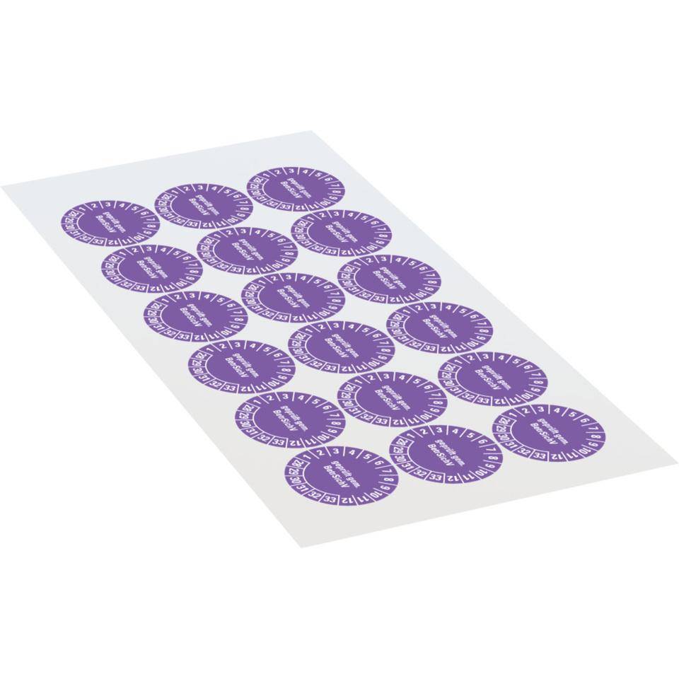 Prüfplakette BetrSichV, 28-33, violett, Dokumentenfolie, selbstklebend, Ø 30mm, 18/Bogen