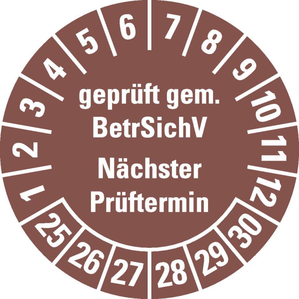 Prüfplakette BetrSichV nächster Prüftermin,25-30,braun,Dokumentenfolie,Ø30mm,18/Bogen