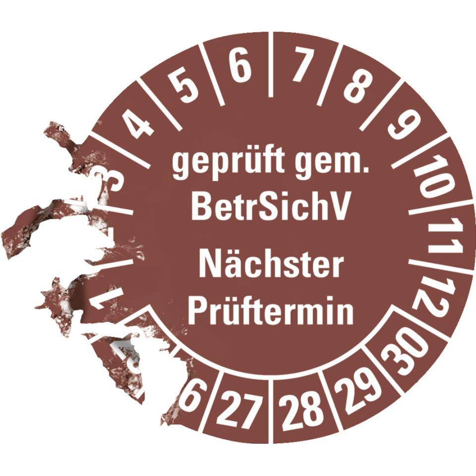 Prüfplakette BetrSichV nächster Prüftermin,25-30,braun,Dokumentenfolie,Ø30mm,18/Bogen