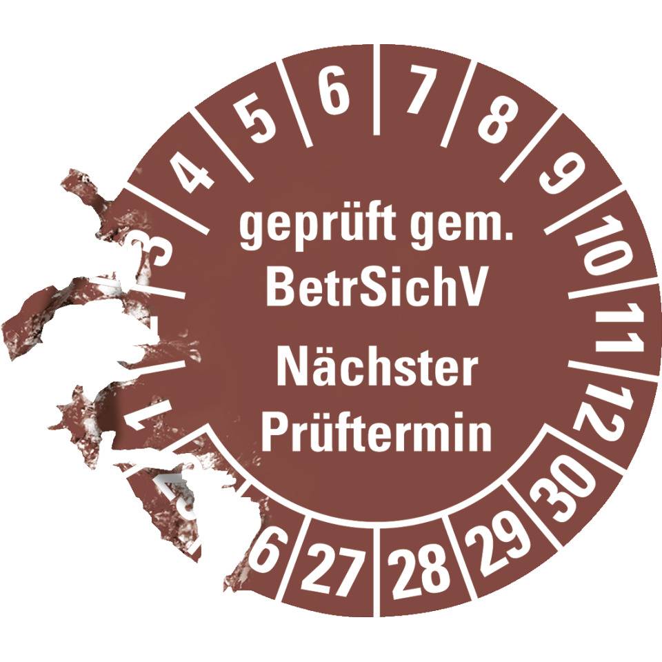 Prüfplakette BetrSichV nächster Prüftermin,25-30,braun,Dokumentenfolie,Ø30mm,18/Bogen