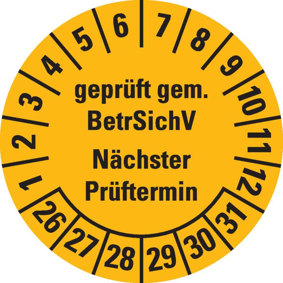 Prüfplakette BetrSichV nächster Prüftermin, 26-31, gelb, Dokumentenfolie, Ø30mm, 18/Bogen