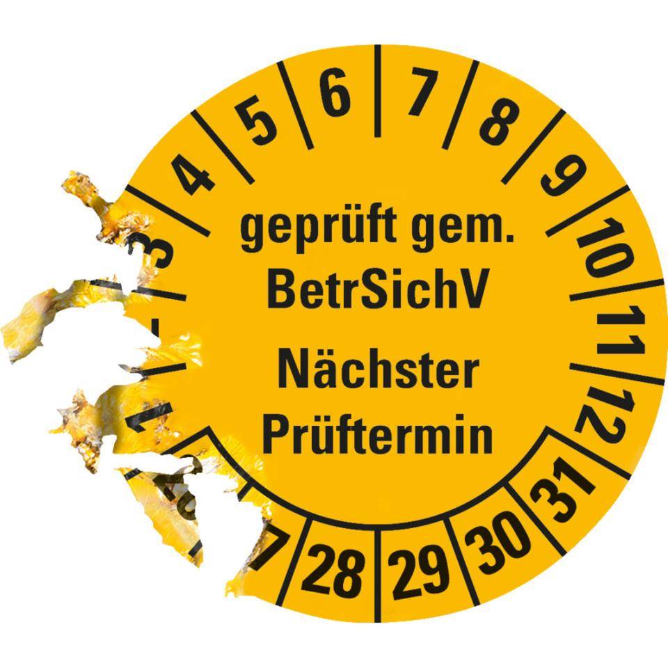 Prüfplakette BetrSichV nächster Prüftermin, 26-31, gelb, Dokumentenfolie, Ø30mm, 18/Bogen