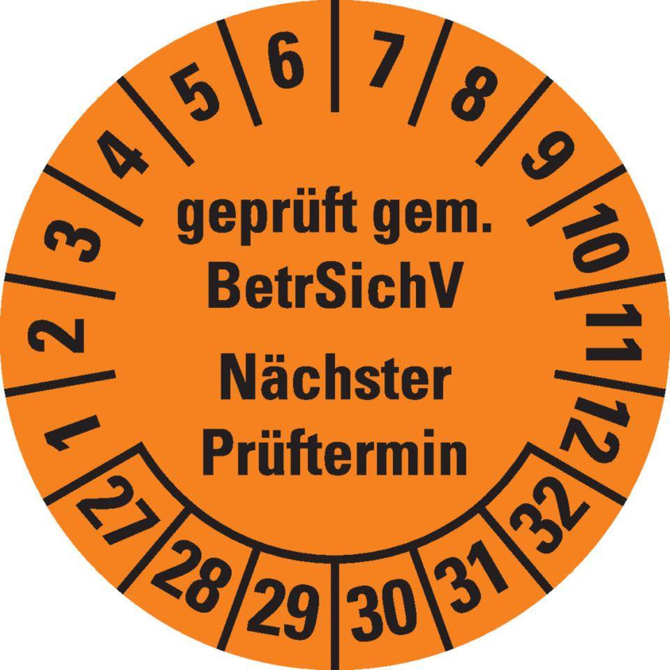 Prüfplakette BetrSichV nächster Prüftermin, 27-32, orange, Dokumentenfolie, Ø30mm, 18/Bogen