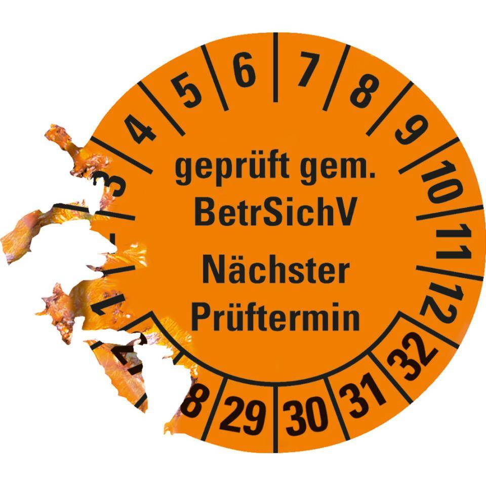 Prüfplakette BetrSichV nächster Prüftermin, 27-32, orange, Dokumentenfolie, Ø30mm, 18/Bogen