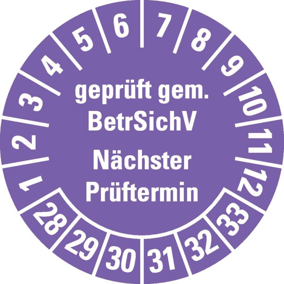 Prüfplakette BetrSichV nächster Prüftermin, 28-33, violett, Dokumentenfolie, Ø30mm, 18/Bogen