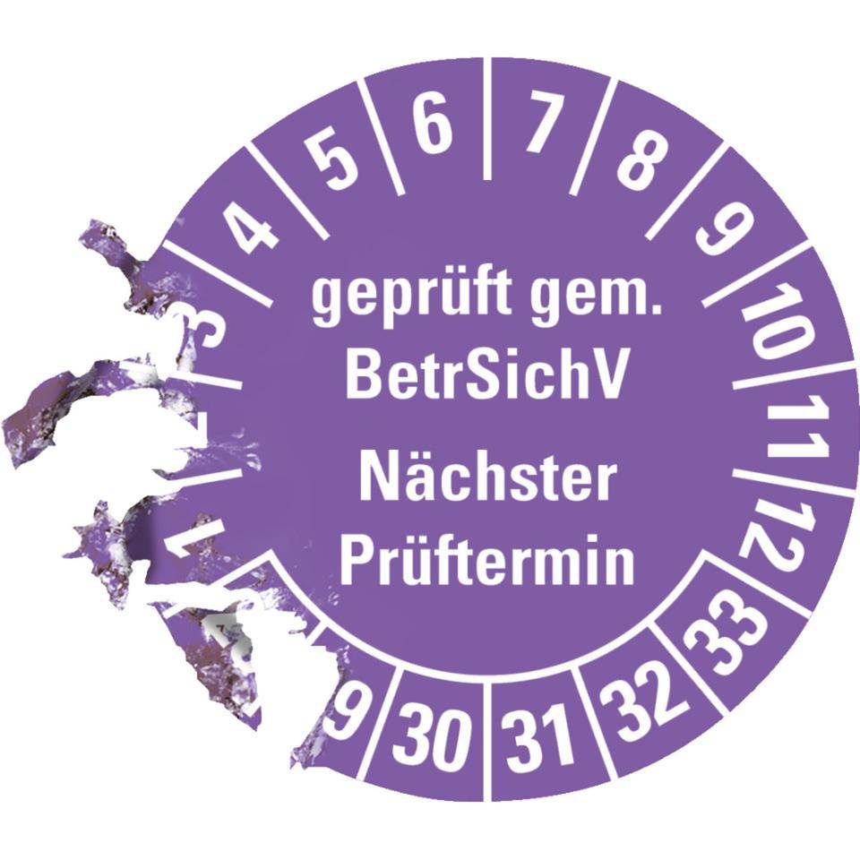 Prüfplakette BetrSichV nächster Prüftermin, 28-33, violett, Dokumentenfolie, Ø30mm, 18/Bogen